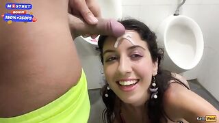 The guy came to the public toilet and made cumshot on face of girl