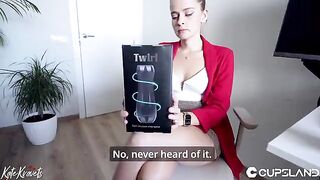 The girl tested the new stroker on her girlfriend in the office, getting wild