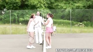 A girl has sex with her friend on the tennis court with his consent