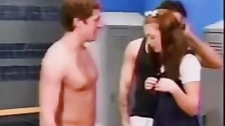 A cute school girl was fucked by two guys in locker room