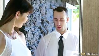 A beauty woman seduces a noble man and fucks with him on the couch