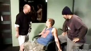 Bukakke in the mouth, a man's cum ends up there, rough and intense