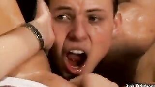 Bukakke in the mouth, a man's cum ends up there, rough and intense