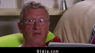 A hot young girl is getting fucked by an old man on the couch