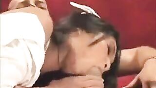 Hot Asian nurse takes off her uniform and fucks on the couch without mercy