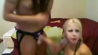 A blonde with big tits fucks with a guy in the chat, using a strapon