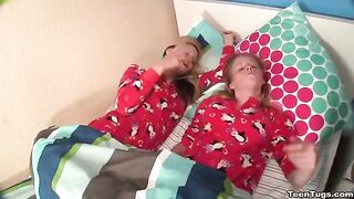 Two sisters thank the man by jerking his dick