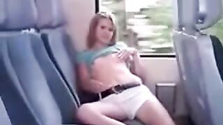 Ironing her pussy through panties on the bus back seat