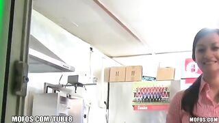 A girl is fucking for money in the role of saleswoman, showcasing her skills