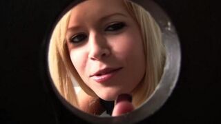 Blonde woman makes a hole in the toilet and sucks a guy's cock