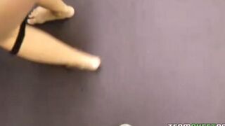 The cute blondie is sucking a long dick with pleasure