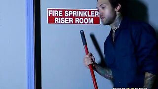 A cleaning man got fucked by the sexy Abigail Mac in a steamy back room encounter