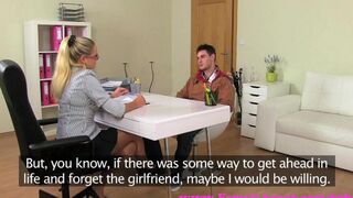 A blonde woman is casting for porn on a couch and gets fucked hard