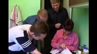 Hot Russian mom with natural boobs gets fucked by four guys