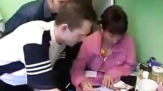 Hot Russian mom with natural boobs gets fucked by four guys