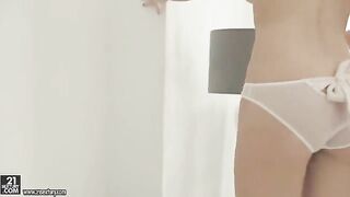 A skinny blonde girl with a hairy pussy masturbates until she comes