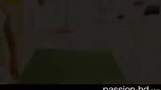 A young, cute brunette with natural tits was fucked on the couch
