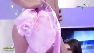 A sexy girl is modeling different types of underwear on a catwalk