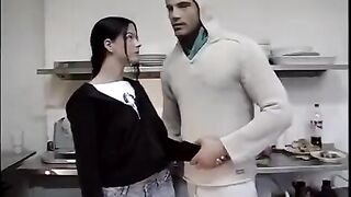 The man deprived the virgin brunette in the kitchen