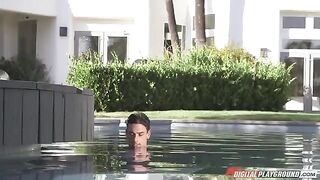 Brunette with huge tits fucked in the pool by a hot guy
