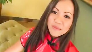 A Korean woman is doing blowjob for two guys