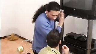 The repair of the TV set was paid in kind by two appetizing girls