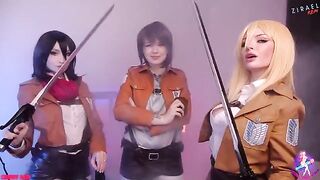 Three anime girls in a threesome lesbian sex scene, with intense pussy licking and fucking