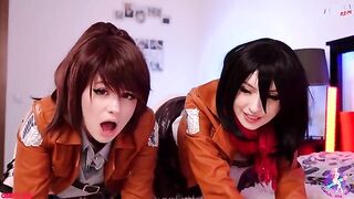 Three anime girls in a threesome lesbian sex scene, with intense pussy licking and fucking