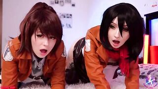 Three anime girls in a threesome lesbian sex scene, with intense pussy licking and fucking