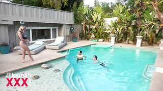 Two students have a steamy encounter by the pool, showcasing their natural chemistry