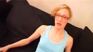 Skinny French teen with glasses got banged on the couch