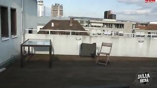 Brunette with big tits bounces on the cum in POV on the roof