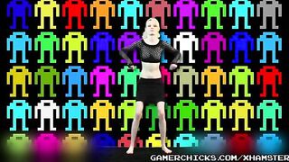 Blonde teen dances and strips in front of a crowd