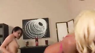 Two lesbian beauties in skirts fuck each other with dildo and vibrator