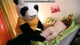 Plush Mishka, a pervert, got fucked by his sexy mistress on the bed