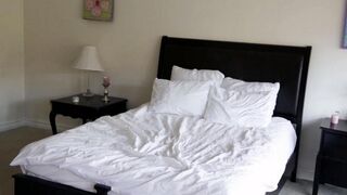 Two cute blondies have gentle sex on the bed, showcasing their petite frames and delicate allure