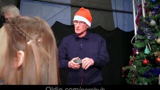 Old people fucked a beautiful Snow Maiden with big tits in a crowd