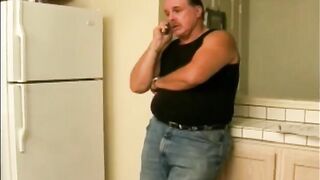 An aged woman happily swallows the sperm of her young lover in the kitchen