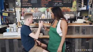 Busty coffee girl has huge tits and an amazing body, making her a 10