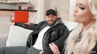 A girl in heels fucks on the couch for money