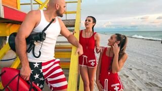 Two lifeguards are not able to resist a hot brunette