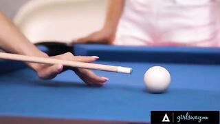 A busty MILF is teaching a young how to play pool and more