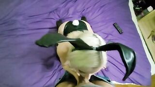 The bunny is gentle and caresses the balls when sucking
