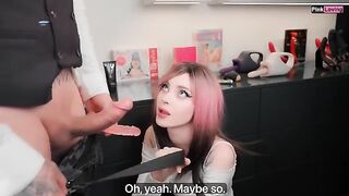 A cute girl plays with a butt plug in a grocery store, showcasing Pinkloving’s style