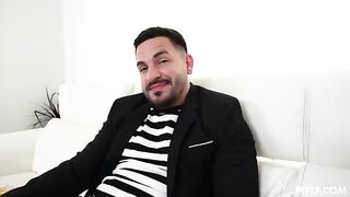 A guy is having fun with a nice girl, telling her to jump