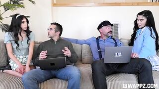 A group of cute girls gave the stepfather a stunning surprise on the couch