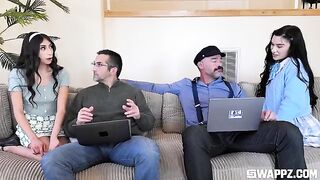A group of cute girls gave the stepfather a stunning surprise on the couch