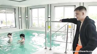 A girl had sauna fun and got wild with others, just like a steamy scene from a popular young adult content channel