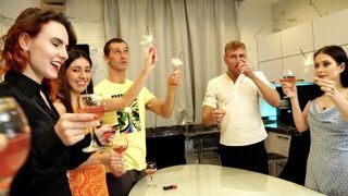 Hot beginning of an orgy party with college babes and guys