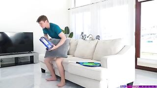 Tender sex with a cute brunette on the couch